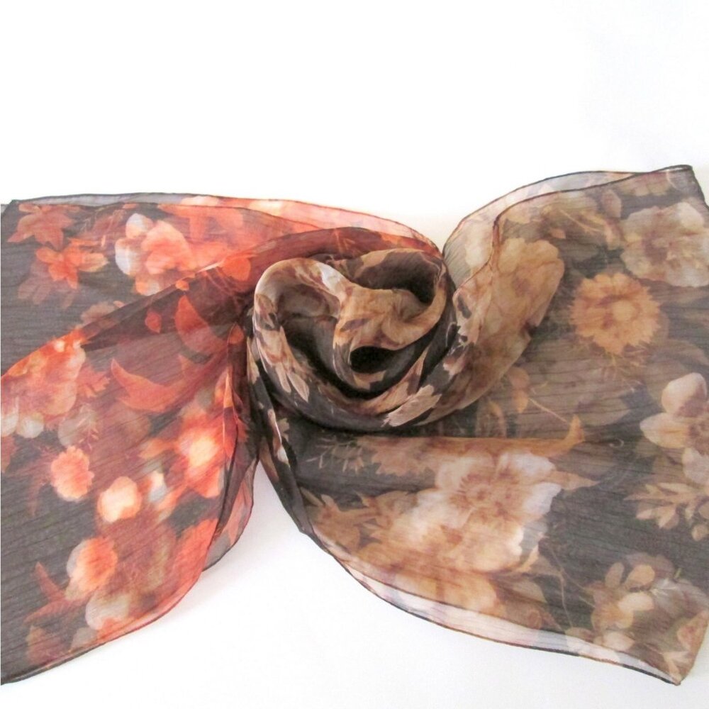 Vintage Larioseta Women's Sheer Scarf Brown Floral Print 13 x 70 Made In Italy